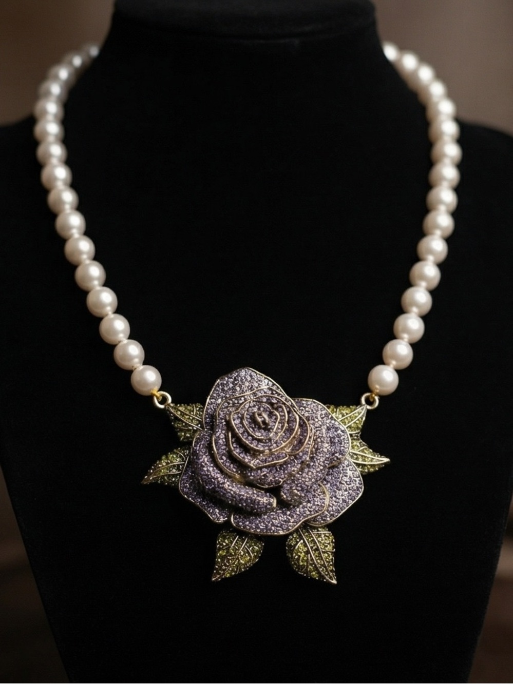 Heidi Daus Lavender Rose Pearl Necklace with Green Leaves